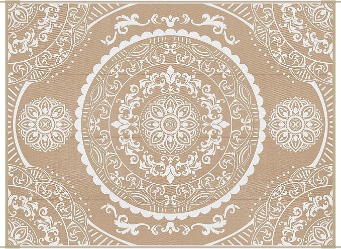 Pauwer Waterproof Outdoor Rug 9x12, Reversible Plastic Straw Patio Camping Rug, Indoor Outdoor RV Mat Carpet for Deck, Camper, Porch, Balcony, Backyard, Picnic, Paisley Brown