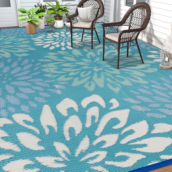 HEBE Waterproof Outdoor Rug 8x10 for Patios, Floral Reversible Plastic Straw Rug Patio Mat, Indoor Outdoor Carpet RV Mat Camping Rug for Deck, Camper, Porch, Balcony, Backyard, Picnic