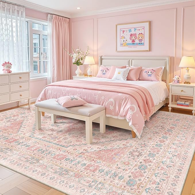 Pink Rugs for Bedroom-8x10 Area Rugs for Living Room,Girls Room | Washable Rugs for Nursery,Dining Room,Office,Low Pile,Soft, Vintage Rug,Stain Resistant Indoor Carpet,Non Slip,Home Decor
