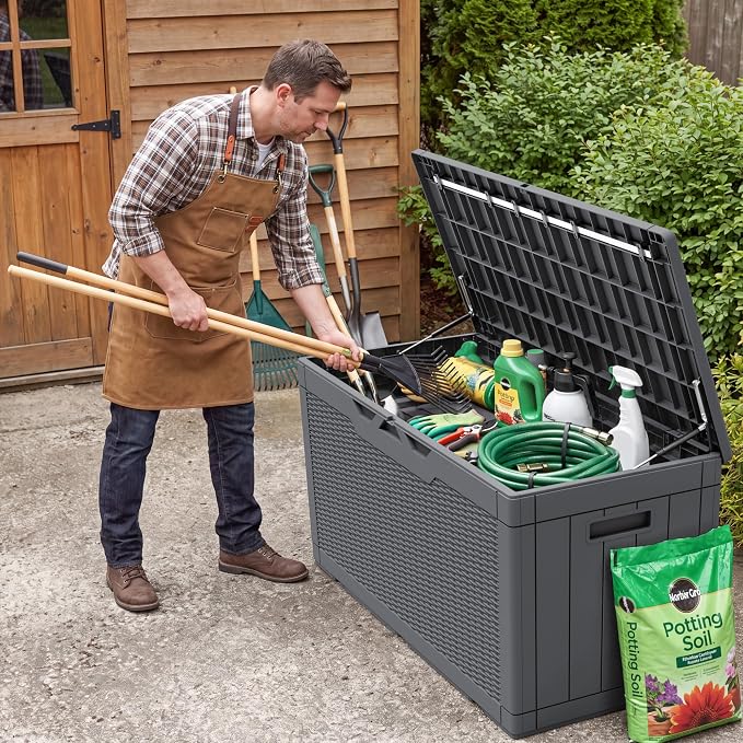 Flamaker Outdoor Storage Box 100 Gallon Waterproof Resin Deck Box Delivery Box with Air Rod Indoor Outdoor Lockable Storage Bench for Patio Cushions, Tools, Pool Accessories (Gray)