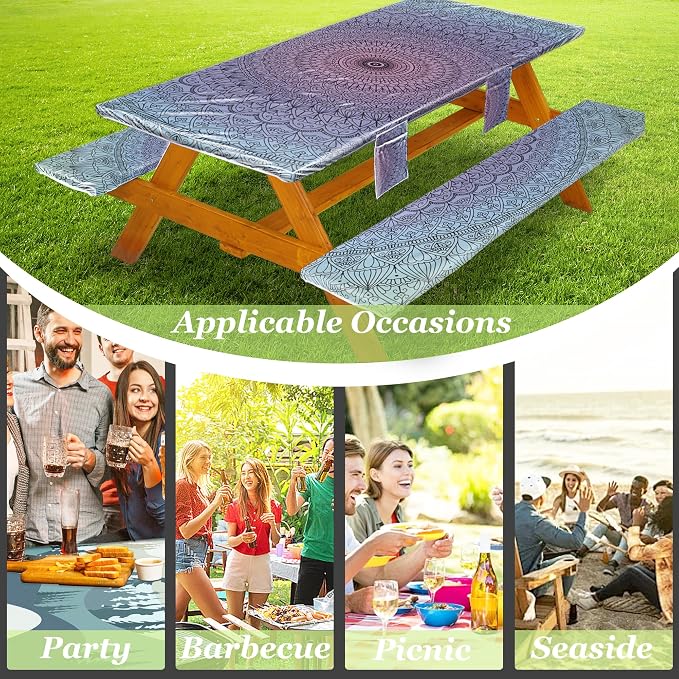 Wrakus Picnic Table Cover with Bench Covers Vinyl Elastic Edges Fitted Rectangle Seat Tables Waterproof 3-Piece96X30in Set Outdoor Rectangular Folding Backing Tablecloth for Camping Over Size