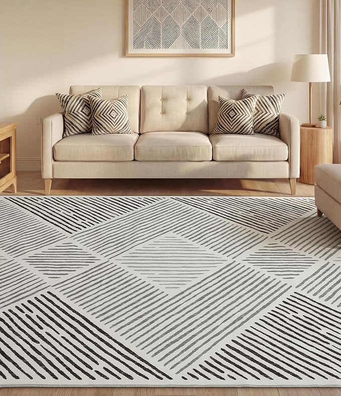9‘x12' Washable Black and White Modern Area Rug for Living Room | Non-Slip, Low Pile, Stain Resistant, Black Geometric Stripe Large Rug for Bedroom Dining Room