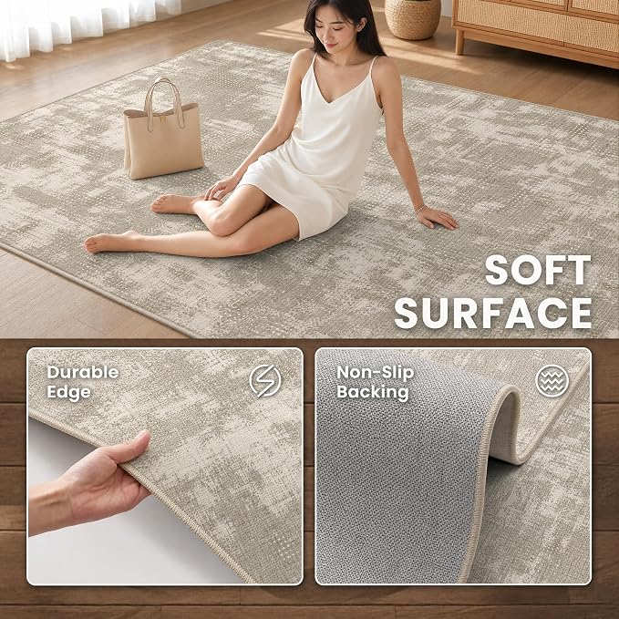 9CH Neutral Abstract Area Rug 5x7, Washable Non Slip Transitional Rug, Soft Low Pile Distressed Carpet for Modern Farmhouse Living Room Bedroom