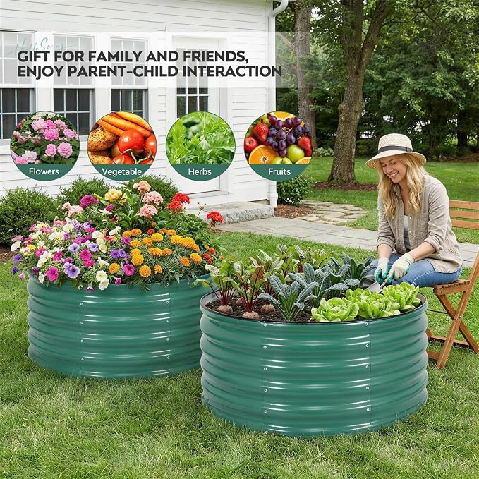 Galvanized Raised Garden Bed Outdoor, Round Metal Planter Boxes 2 Pcs, 3x3x1.4ft Steel Raised Bed Kit for Planting Vegetables, Fruits, Flowers(LotusGreen)