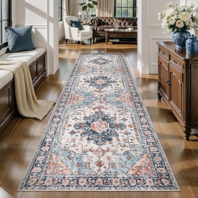Tangsoo 3x8 Washable Runner Rugs for Hallway, Long Runner Rugs Non Slip | Oriental Soft Low Pile Rug Runner, Vintage Indoor 8ft Carpet Runners for Kitchen Bedroom Entryway Living Room Blue/Orange
