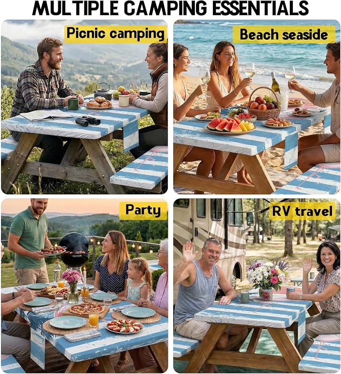 Picnic Table Cover with Bench Covers Table Cloth Tablecover Camping Essentials Camp Must Haves Camper Gear Outdoor Accessories River Water Motorhome Trailer Tent Rv Car Travel Activities Set Accessary