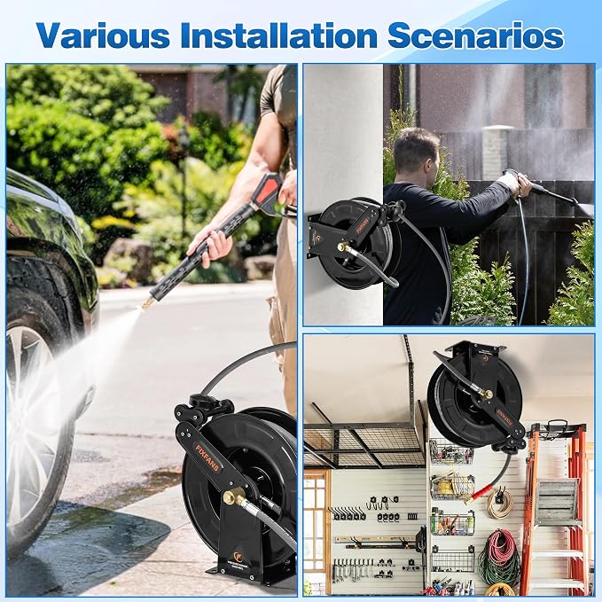 FIXFANS Pressure Washer Hose Reel with Hose for Hot and Cold Water, 3/8" X 50 FT Steel Auto-Retractable High Power Wash Hose Reel, Heavy Duty Hose Reel - Wire Braided Hose 4000 PSI, Black