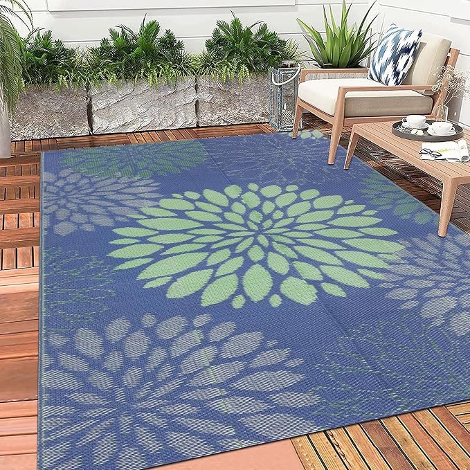 Ileading Waterproof Outdoor Rug 5x8, Reversible Plastic Straw Patio Rug, Portable Indoor Outdoor RV Camping Mat Carpet for Deck, Porch, Balcony, Backyard, Picnic, Floral Navy Blue
