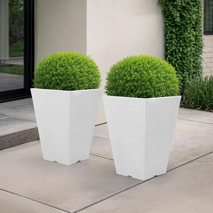 Large Outdoor Planters 2-Pack - 13.75-Inch Tall Planters for Outdoor Plants or Indoor Pots for Plants - Plastic Flower Pots for Patio, Entryway, or Front Porch Decor by Pure Garden (White)