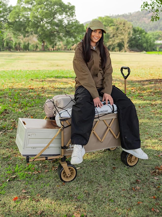 Whitsunday Collapsible Folding Wagon Heavy Duty Utility Beach Wagons with Opened Tailgate and All-Terrain Wheels for Camping,Garden,Sports Beige