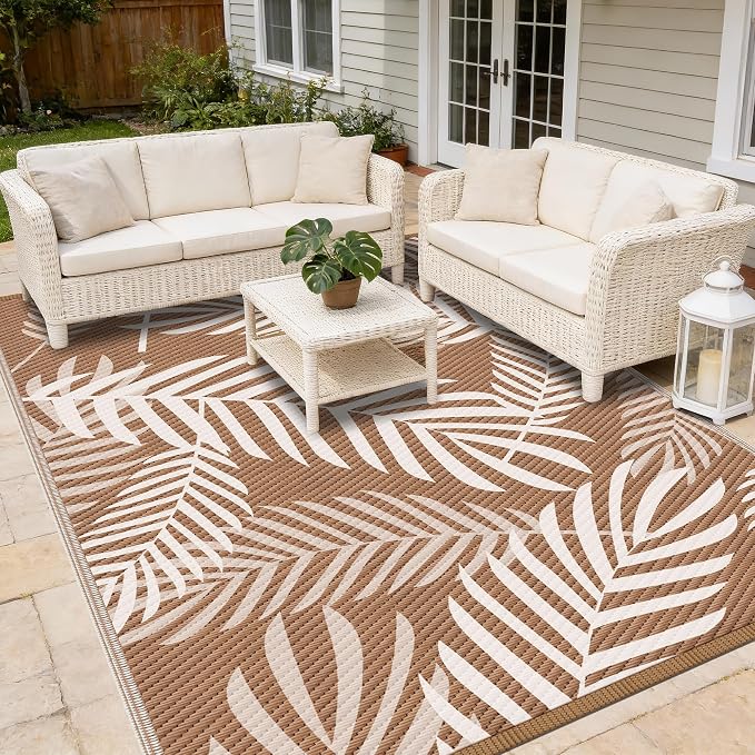 Kohree Outdoor Rug Waterproof 8x10, Reversible Outdoor Plastic Straw Rug with Leaf Pattern, Easy-Cleaning RV Mat Carpet for for Patio, Camping, Balcony, Deck, Backyard, Brown & Beige