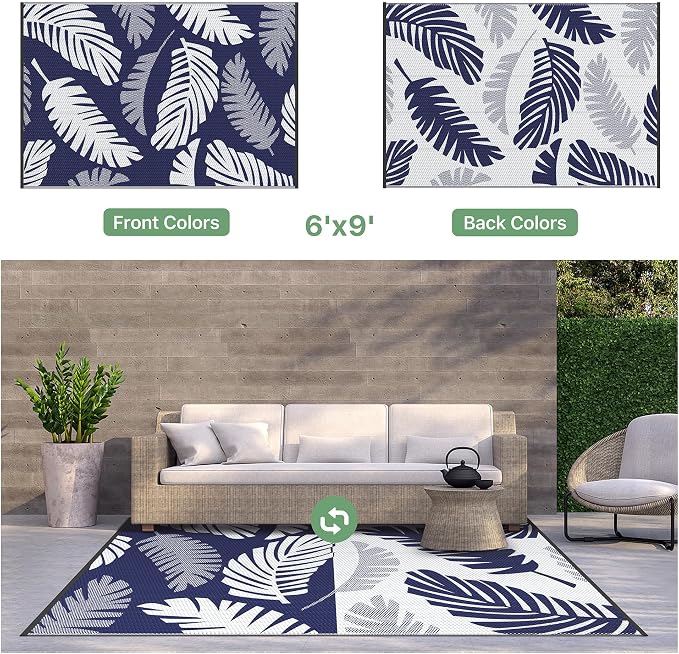 GENIMO Waterproof Outdoor Rug 6' x 9' for Patio Decor, Reversible Plastic Straw Area Rugs for Camping Clearance, RV Mat, Large Outside Carpet for Porch, Deck, Picni, Balcony, Garden, Navy Blue & White