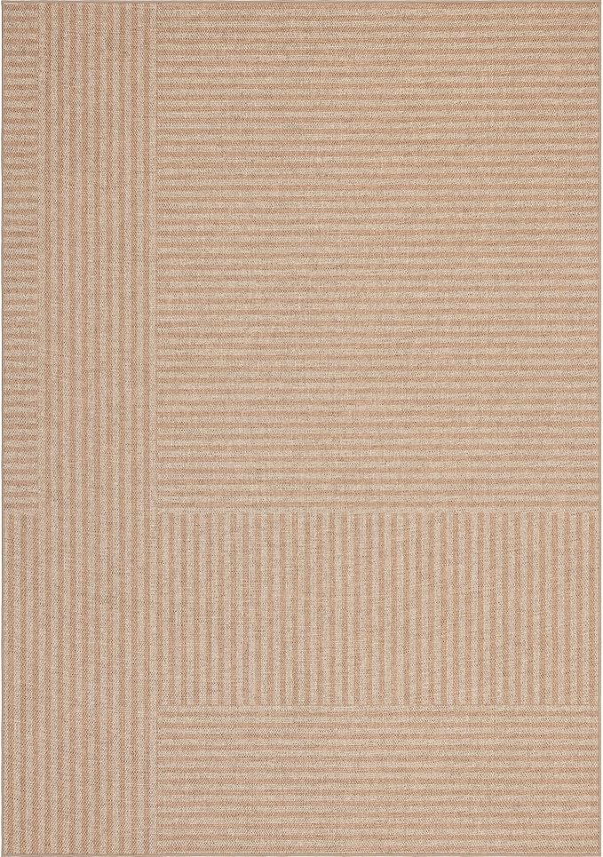 Easy Jute Rug 3x5 Outdoor: Natural Area Rugs for Patio Linen-Look Fabric Durable - Neutral Washable Carpet Mat for Entryway Bedroom Kitchen Non-Slip - Beige Stripes