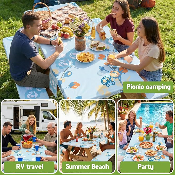 Picnic Table Cover with Bench Covers Waterproof Campsite Tablecloth Patio Backyard Camp Camping Kitchen Essentials Accessories Supplies Rv Cabin Gear Acampar Must Haves Table Cloth Camper Women Gifts