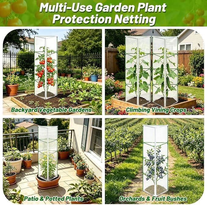 3 Pcs Garden Bird Netting Plant Cover for Triangle Tomato Cage, 67" X 12.6" X 12.6" Tomato Trellis Plant Covers with Zipper & Drawstring for Vertical Climbing Plants, Vegetable and Flowers (No Cage)
