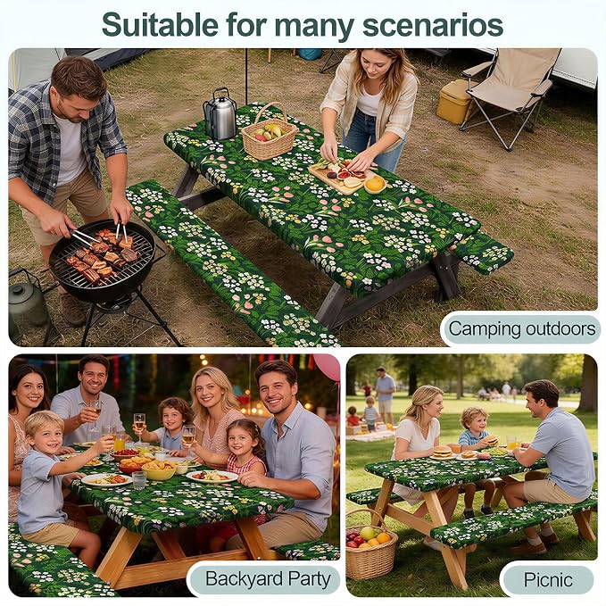 Play Tailor Picnic Table Cover with Bench Covers Camping Essentials Waterproof Windproof Camping Tablecloth with Drawstring Bag, Fitted Rectangle Tables and Seats, 72in, Green Pink