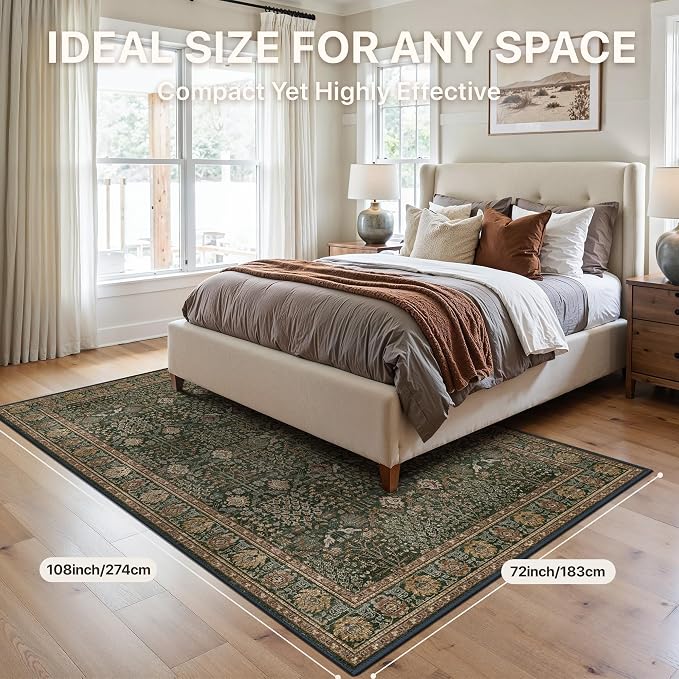 6x9 Washable Area Rug for Living Room, Non Slip, Dark Green Brown | Vintage Floral, Spill Resistant, Lightweight Ultra-Thin Carpet for Bedroom, Dining Room and Office