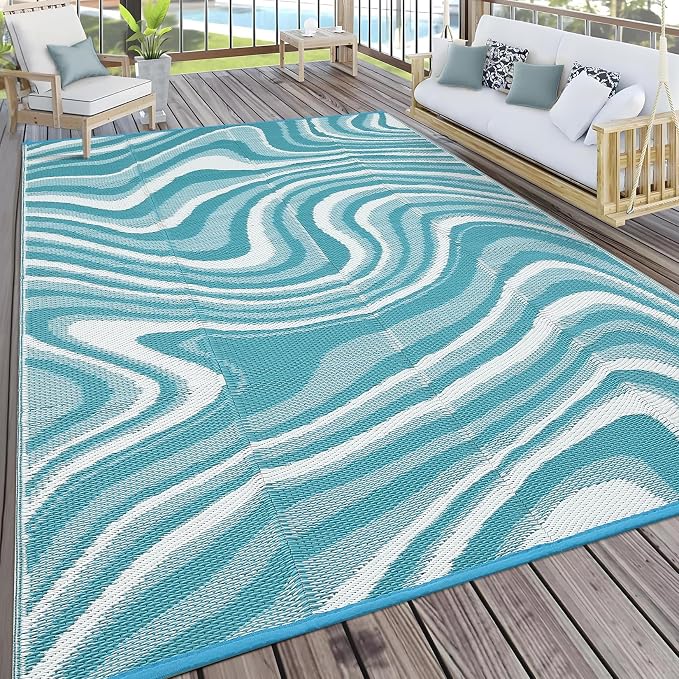 Garvee Large Modern Outdoor Rug 9x18 Patio Rugs Outdoor Waterproof Reversible Plastic Straw Camping Rug, Abstract Outside Rugs for Picnic Backyard Deck Balcony Porch Beach Trailer, Light Blue