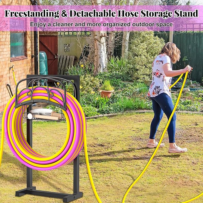 Garden Hose Holder,Heavy Duty Freestanding Detachable Storage Reel Stand,Upgraded 4 Spikes Hose Hanger for Outside Yard Lawn (curved line with Storage Basket)