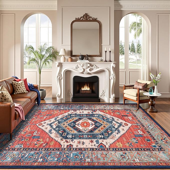 SERISSA 8x10 Washable Non Slip Boho Area Rug for Living Room,Rust | Ultra Soft Vintage Oriental Carpet Low-Pile Distressed Tribal Throw Carpet for Dining Room Bedroom Dorm Office Home Decor