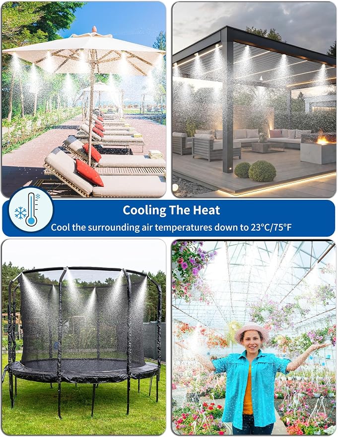 Misters for Outside Patio 63FT(19.2M)+21 Brass Mist Nozzles+a Brass Adapter(3/4") Detachable outdoor misting cooling system for Garden, waterpark, Greenhouse, Backyard, Fan, Umbrella, Deck, Canopy