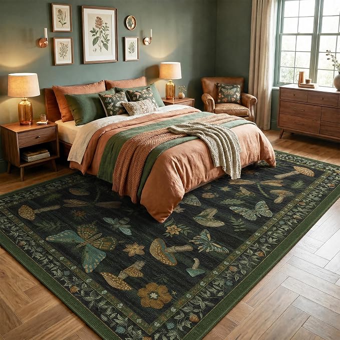 ROYHOME Mushroom Insect Washable Rug 5x7 for Bedroom Living Room Dark Green | Playroom Nursery Office Bug Moth Cute Funky Cottage Core Whimsical Boy Carpet Low-Pile Non-Slip Stain Resistant TPE Backing