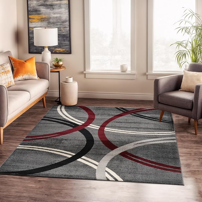 Rugshop Wavy Circles Modern Non-Shedding Square Rug Red 6'6" x 6'6" | Square, Size 6'6" x 6'6", Living Room, Bedroom, Dining Room, Home Office, Kitchen, Entryway, Hallway, Nursery, Kids Room