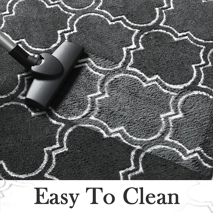 Chicrug 6x9 Shag Geometric Modern Area Rug for Bedroom Living Room | Memory Foam Indoor Carpet, Fluffy Rug for Bedside Room for Family Girls Kids Play Mat, Dark Grey and White