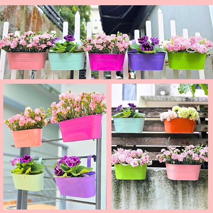 LaLaGreen Rail Planter (17 Inch, 6 Pack) Colorful Metal Hanging Flower Pots Railing Fence Balcony Gardening for Apartment Patio Planters Modern Garden Style Iron Outdoor Decoration Porch Decor