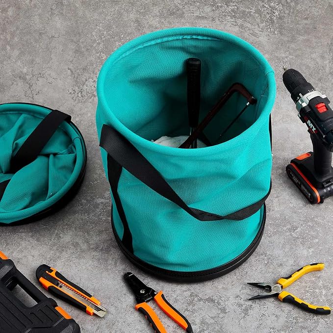 2 Pack Canvas Bucket 15" x 12" Heavy Duty Lineman Tool Bag with Plastic Bottom & Metal Hook Electrician Tool Organizer for Jobsite Use, Load Rated up to 150 Pounds (Turquoise)