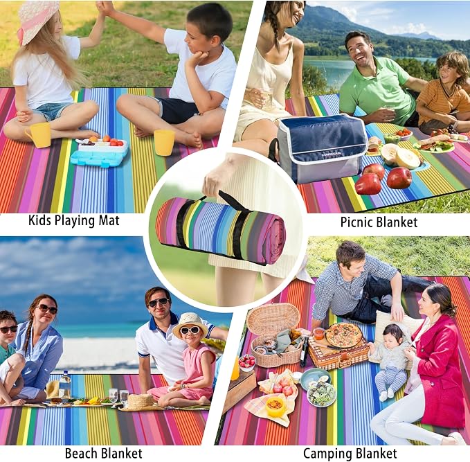 Picnic Blankets Beach Blanket 80" X 80" Extra Large Waterproof Camping Blankets Portable Outdoor Mat 3-Layer Blanket for Beach, Hiking, Park, Music Festival, Grass Lawn,Travel