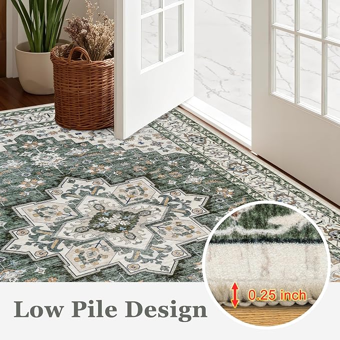 Round Area Rug for Living Room: 6ft Boho Washable Rug Green Ivory | Vintage Boho Soft Round Rug Indoor Floor No Slip Carpet Stain Resistant Rugs for Bedroom Dining Room Nursery Home Office