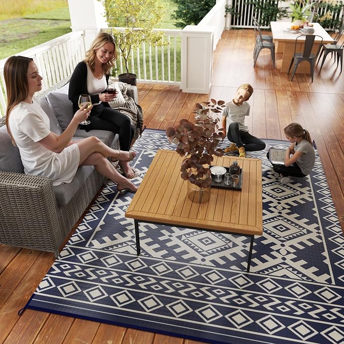 Outsunny Reversible Outdoor Rug, 8' x 10' Waterproof Plastic Straw Floor Mat, Portable RV Camping Carpet, Large Floor Mat for Backyard, Deck, Picnic, Beach, Blue & White Rhombus Border