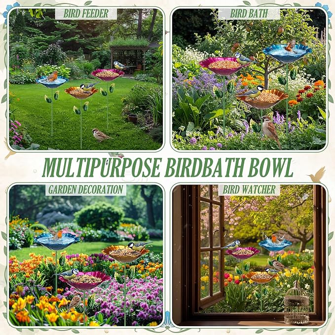 3 Pack Metal Bird Baths for Outdoors 31.5" H x 10.6" D Flower Bird Feeders with Metal Stake Colorful Hummingbird Watering Station for Garden Yard Lawn Decoration
