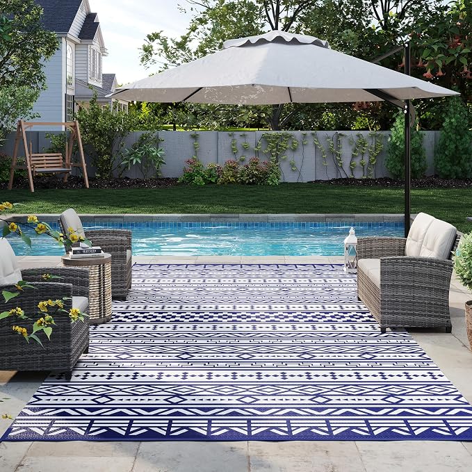 Outsunny Outdoor Rug for Patio, 9' x 18' Waterproof Large Mat, Reversible Plastic Straw Rug for Decor, Portable Outside RV Camping Area Carpet Mat for Backyard Porch Deck Picnic, Blue White Geometric