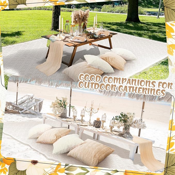 Beeveer 14 Pack Picnic Kit 91x71 Inch Extra Large Outdoor Boho Picnic Blanket with Beige White Table Runner, 6 Throw Pillow Cover 6 Napkin Woven Cotton Yarn Washable Beach Blanket for Camp Wedding