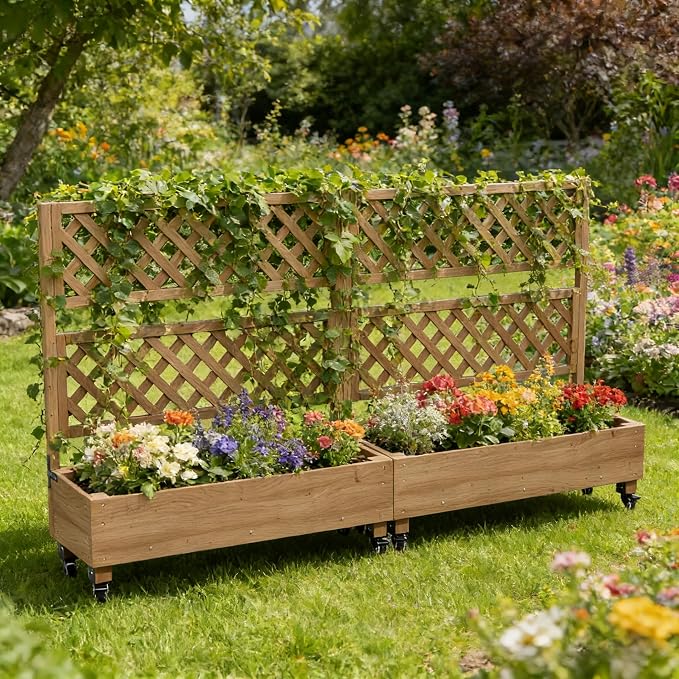 Raised Garden Bed with Wheels Outdoor, Large Garden Planter Box Tomato Flower Pots Cages with Standing Diamond Lattice Trellis for Vegetables Vines Herbs Fruits & Climbing Plants (Rhombic Grid))