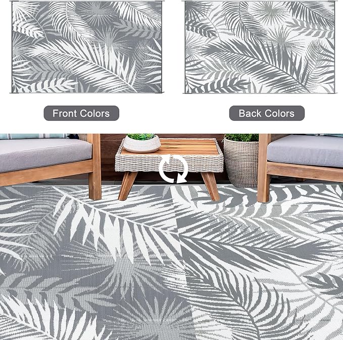 Outdoor Rug 10'x8' Waterproof for Patios Clearance, Reversible Outdoor Plastic Straw Rug Camping Carpet, Outside Floor Mats Large Area Rugs for RV,Patio,Deck,Porch,Beach,Balcony,Grey&White