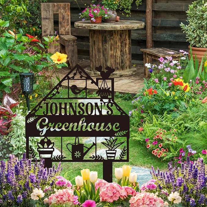 Custom Metal Greenhouse Sign, Personalized Garden Name Stake, Floral Bird Garden Decor, Outdoor Yard Metal Sign, Rustic Farmhouse Gardener Gifs