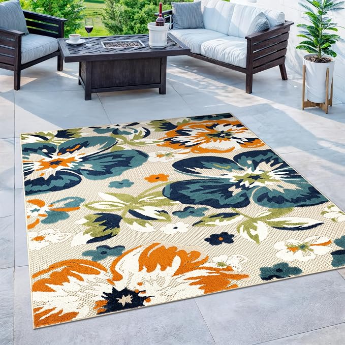 Rugshop Multi Bergamo Floral Indoor/Outdoor Square Area Rug Machine Washable for Patio, Dining Nook and Balcony, 6'6" x 6'6" Square