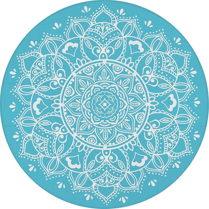 Pauwer Waterproof Outdoor Rug 8ft, Reversible Plastic Straw Patio Camping Rug, Indoor Outdoor RV Mat Carpet for Deck, Camper, Porch, Balcony, Backyard, Picnic, Floral Teal