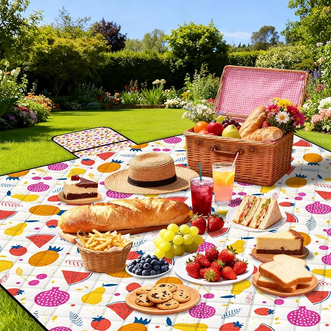 Poedist Extra Large Picnic Blanket Waterproof,80"x 80"Foldable Machine Washable Beach Blanket,Outdoor Blanket for 6-8 Adults,Suitable for Indoor Crawling,Park Beach,Camping,Hiking,Family Travel(Fruit