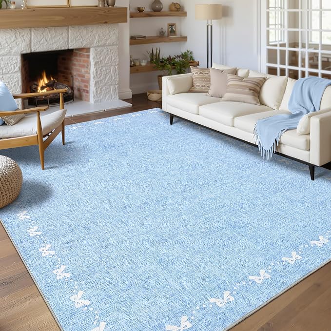 COZYLOOM 5x7 Bow Printed Washable Rug for Entryway Indoor, Modern Bordered Living Room Rug with Non Slip Backing, Stain Resistant Non Shedding Solid Color Area Rugs for Bedroom, Dining Room, Blue