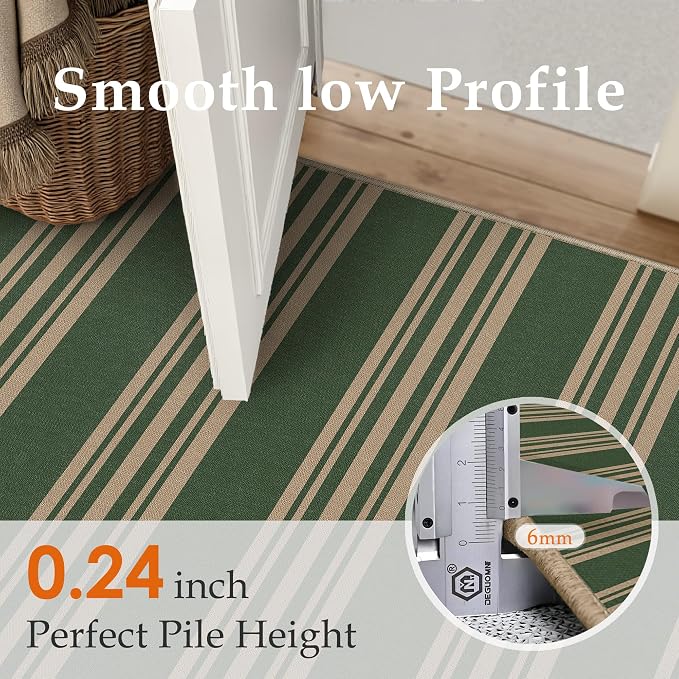 PureCozy Striped Easy Jute Rug 4x6 Green Entryway Carpet Washable Non Slip Office Door Mat Farmhouse Neutral Non Shedding Small Indoor Outdoor Rug for Bathroom Kitchen Bedroom Living Room