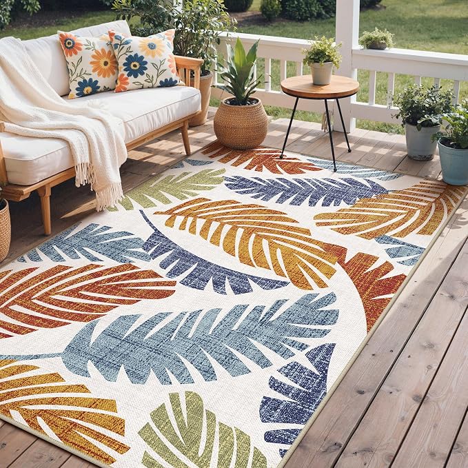 GENIMO Outdoor & Indoor Area Rug 6'x9', Waterproof, Non-Shedding, Easy Cleaning, Leaf Mat for Patio, Living Room, Balcony, Dining Room, RV, Deck, Bedroom, Camping, Outside Carpet, Rust Navy