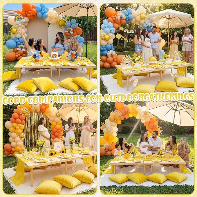 Beeveer 14 Pack Picnic Kit 91x71 Extra Large Outdoor Boho Picnic Blanket with Yellow Table Runner, 6 Throw Pillow Covers 6 Napkin Woven Cotton Yarn Oversize Washable Beach Blanket for Camp Wedding
