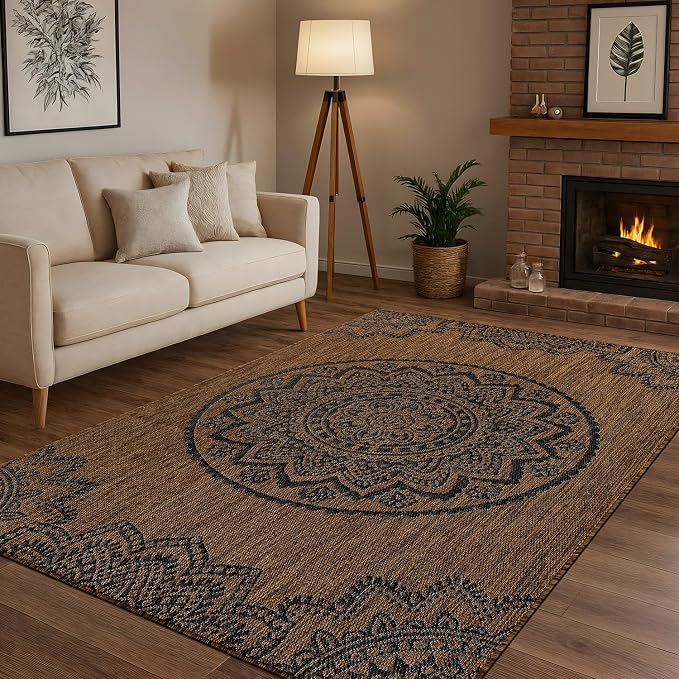 CAMILSON Outdoor Rug 6x9 Modern Area Rugs for Indoor and Outdoor Patios and Porches - Waterproof Washable Non-Shedding Easy-to-Clean Outside Carpet (6 x 9 Medallion - Gold/Black)