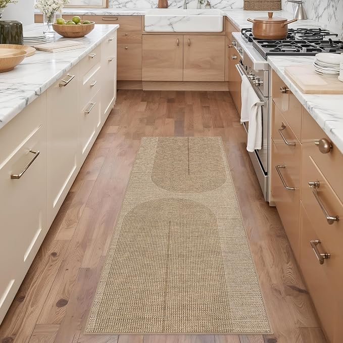 Outdoor Easy Jute Runner Rug: 2x6 Modern Natural Area Rugs for Front Patio Hallway Linen-Look Fabric Durable - Neutral Washable Mat for Entryway Kitchen Bedroom - Geometric Arch Pattern