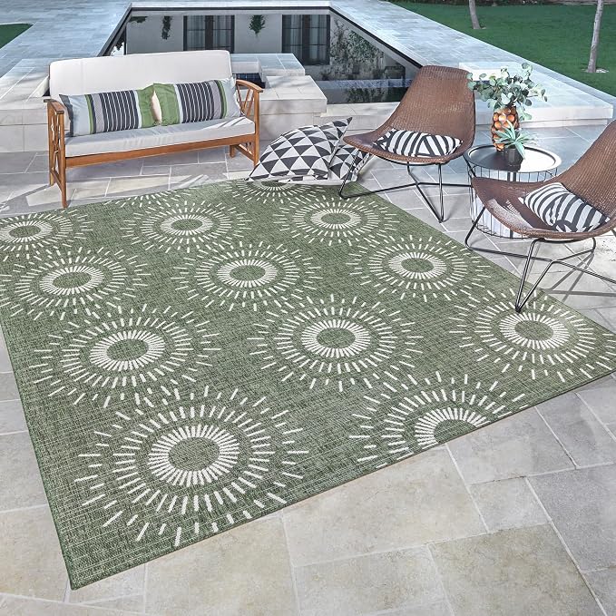 Gertmenian Indoor/Outdoor Flatweave Area Rug - 6x9 Medium, Stain & UV Resistant, Ideal for High Traffic Areas in Deck, Patio, Mudroom - Geometric, Green, 32457