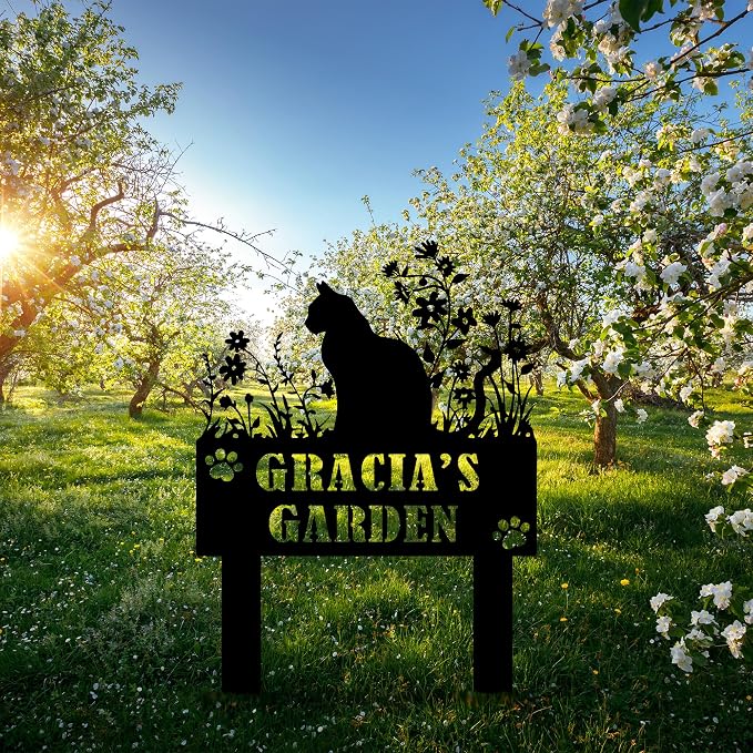 Custom Cat Garden Sign with Stake, Persnalized Metal Sign for Outdoor, Customized Metal Yard Decor, Patio Lawn Art, Custom Pet Name for Farmhouse, Housewarming Gift